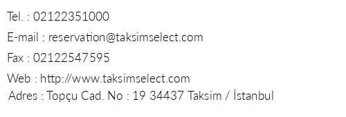 Hotel Taksim Select telefon numaralar, faks, e-mail, posta adresi ve iletiim bilgileri